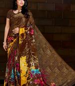 Brown printed satin saree with blouse