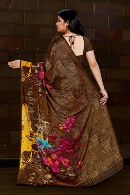 Brown printed satin saree with blouse 2