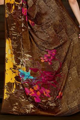 Brown printed satin saree with blouse 3