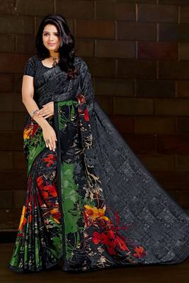 Grey printed satin saree with blouse 1