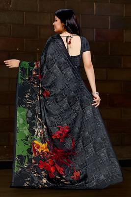 Grey printed satin saree with blouse 2