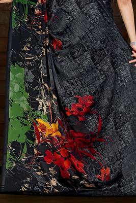 Grey printed satin saree with blouse 3