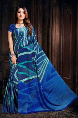 Blue printed satin saree with blouse 1