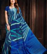 Blue printed satin saree with blouse