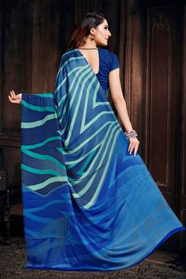 Blue printed satin saree with blouse 2