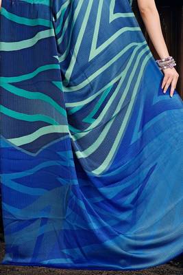 Blue printed satin saree with blouse 3