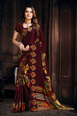 Coffee printed satin saree with blouse 1