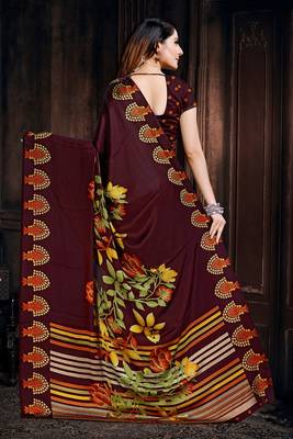 Coffee printed satin saree with blouse 2