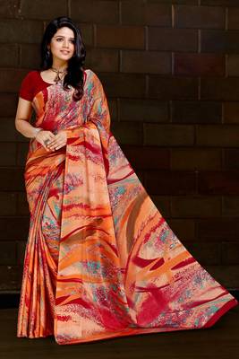 Orange printed satin saree with blouse 1