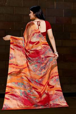Orange printed satin saree with blouse 2