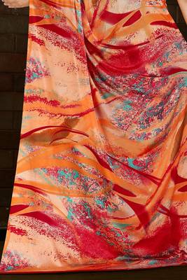 Orange printed satin saree with blouse 3