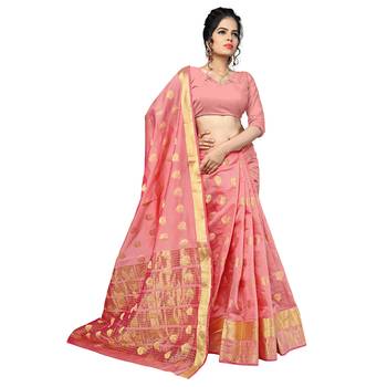 Salmon Woven Banarasi Silk Saree With Blouse 1