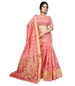 Salmon Woven Banarasi Silk Saree With Blouse