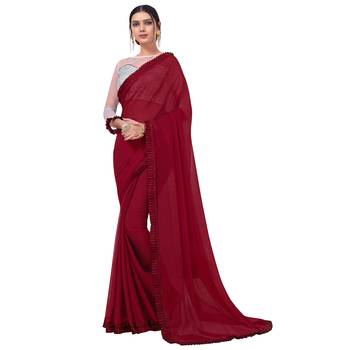 Maroon Printed Chiffon Saree With Blouse 1