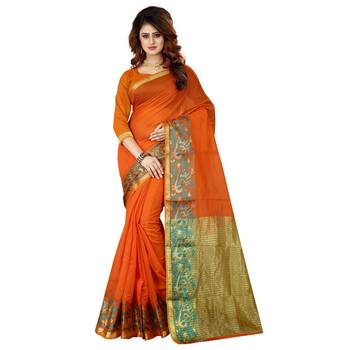 Orange Woven Cotton Silk Saree With Blouse 1