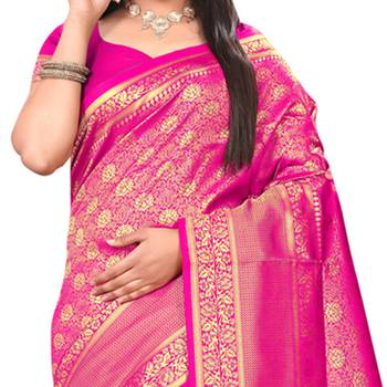 Pink Woven Banarasi Silk Saree With Blouse 2