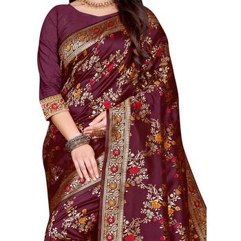Magenta Woven  Art Silk Saree With Blouse 3