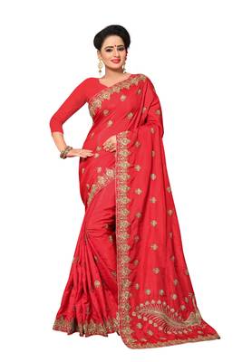 Red embroidered silk saree with blouse 1