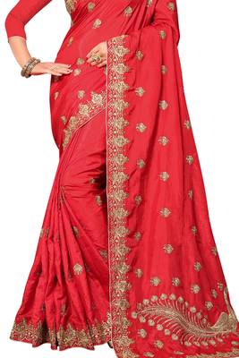 Red embroidered silk saree with blouse 2