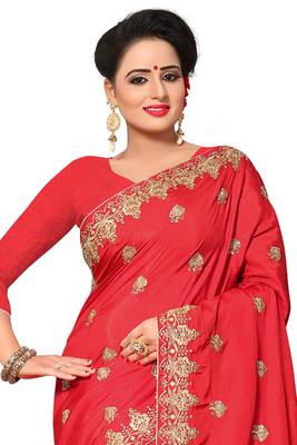 Red embroidered silk saree with blouse 3