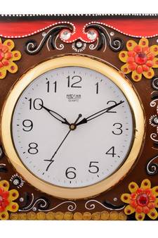Wooden Papier Mache Floral Embossed Handcrafted Wall Clock