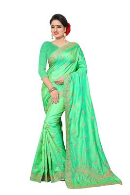 Green embroidered silk saree with blouse 1