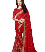 Red embroidered banarasi silk saree with blouse