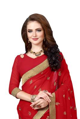Red embroidered banarasi silk saree with blouse 3