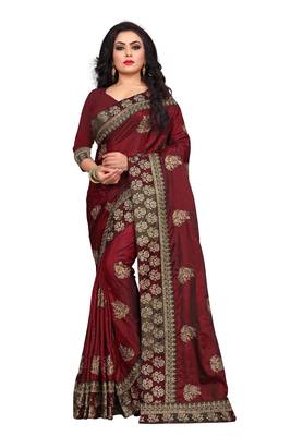 Maroon embroidered silk saree with blouse 1