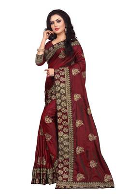 Maroon embroidered silk saree with blouse 2