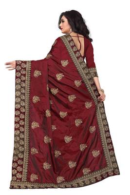 Maroon embroidered silk saree with blouse 3