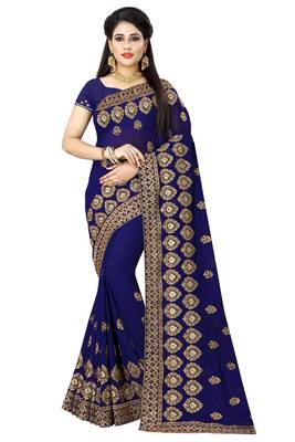 Navy blue embroidered georgette saree with blouse 1