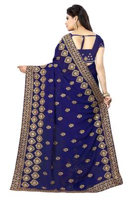Navy blue embroidered georgette saree with blouse 3