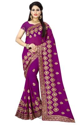 Purple embroidered georgette saree with blouse 1