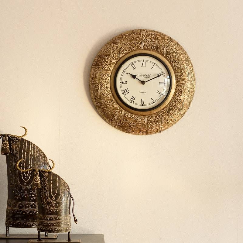 Decorative Brass Work Ethnic Brass and Wooden Handcrafted Wall Clock