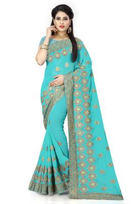 Sky blue embroidered georgette saree with blouse 1