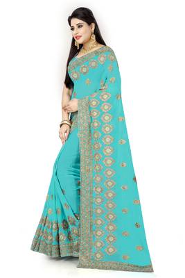Sky blue embroidered georgette saree with blouse 2