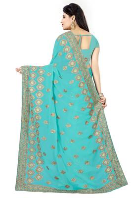 Sky blue embroidered georgette saree with blouse 3