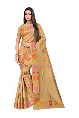 Beige woven banarasi silk saree with blouse 1