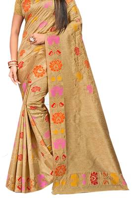 Beige woven banarasi silk saree with blouse 2