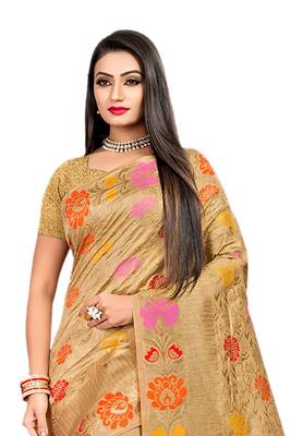Beige woven banarasi silk saree with blouse 3