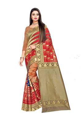 Red woven banarasi silk saree with blouse 1