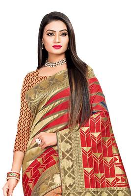 Red woven banarasi silk saree with blouse 3