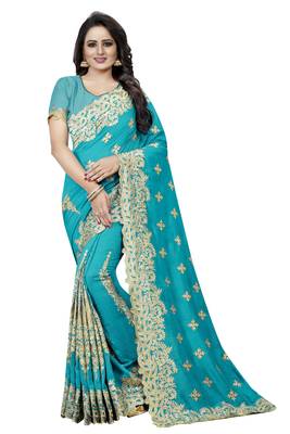 Sky Blue Embroidered Silk Saree With Blouse 1