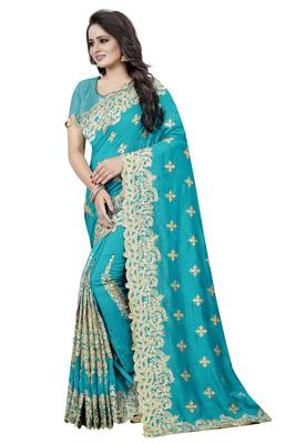 Sky Blue Embroidered Silk Saree With Blouse 2