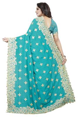 Sky Blue Embroidered Silk Saree With Blouse 3