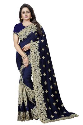Navy Blue Embroidered Silk Saree With Blouse 1