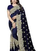 Navy Blue Embroidered Silk Saree With Blouse