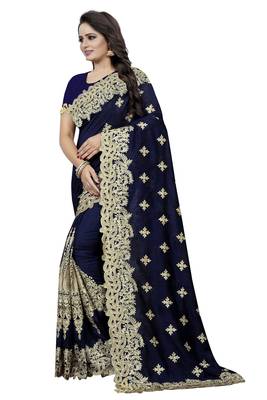 Navy Blue Embroidered Silk Saree With Blouse 2