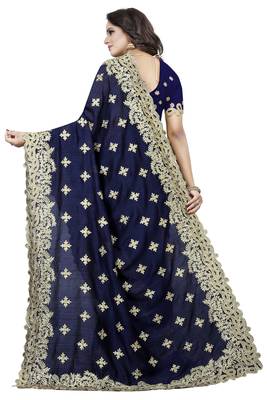 Navy Blue Embroidered Silk Saree With Blouse 3
